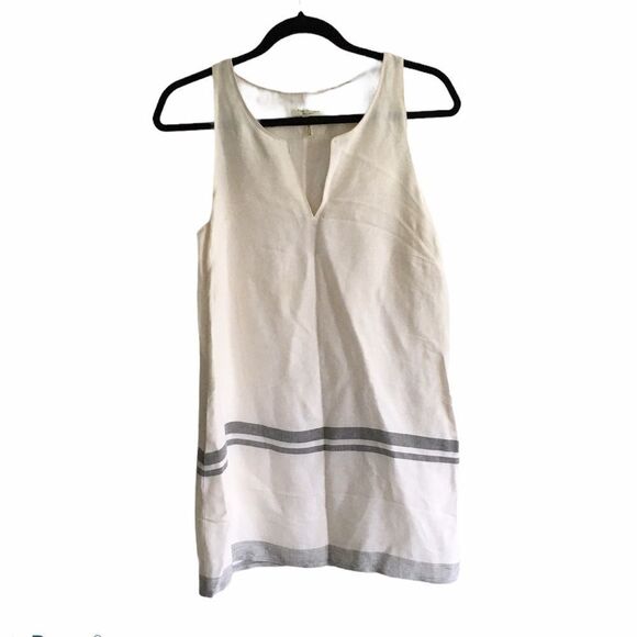 RAG & BONE Linen Sleeveless Mini Shift Dress Stripe Leather Trim Cream Black 2 - Picture 2 of 6